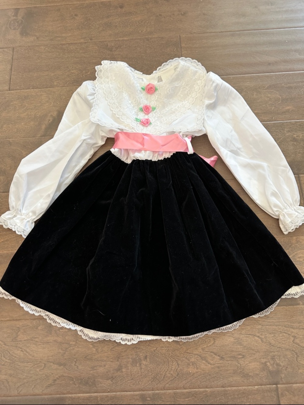 Vintage Girls Black & White Velvet Dress with Pink Sash
